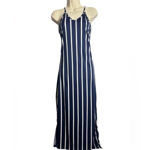 Navy and White Striped Maxi Dress - Sleeveless V-Neck
